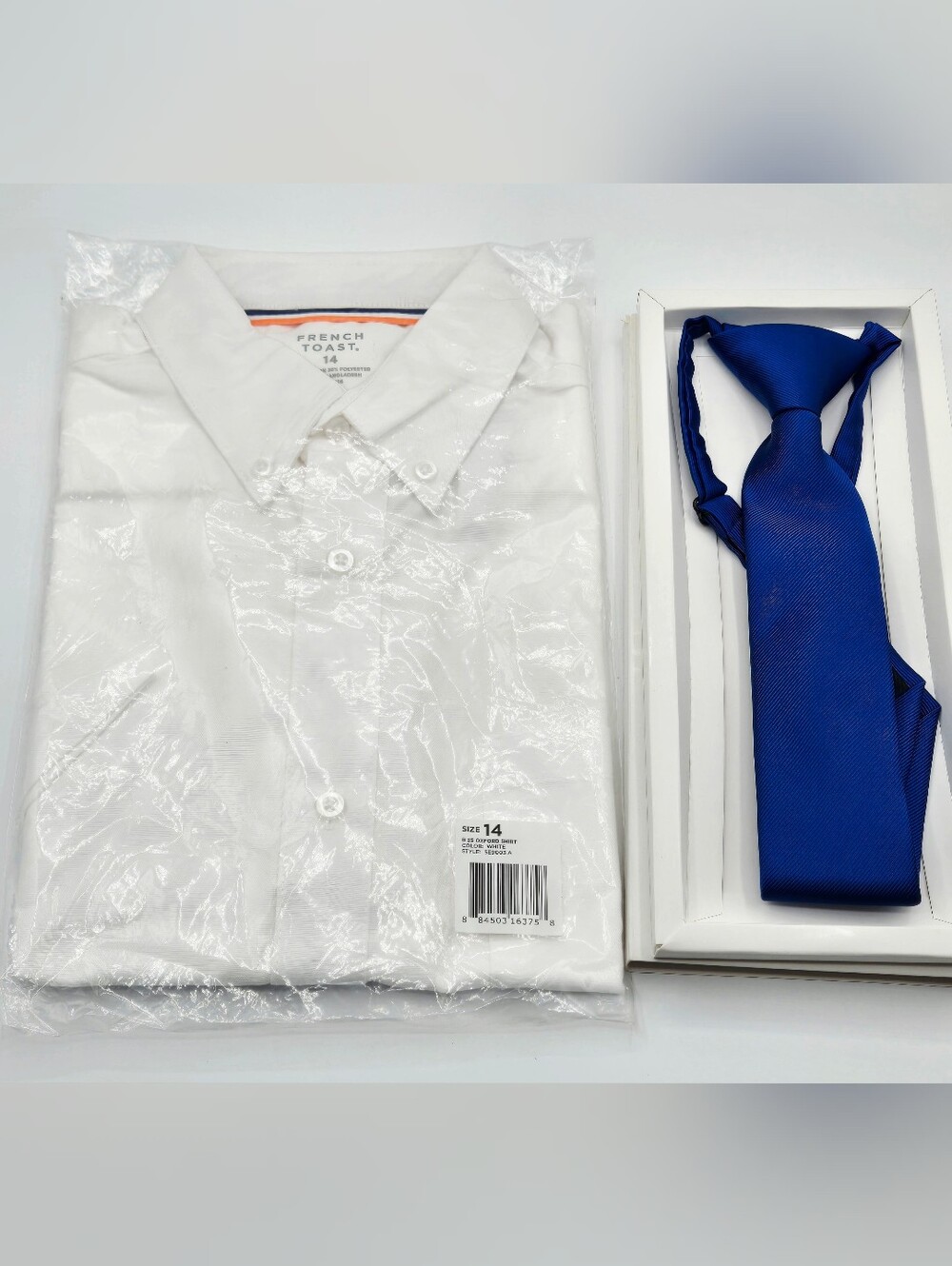 BOY NWT Oxford Button Up White Collar Short Sleeve Shirt Blue Tie Sz 14